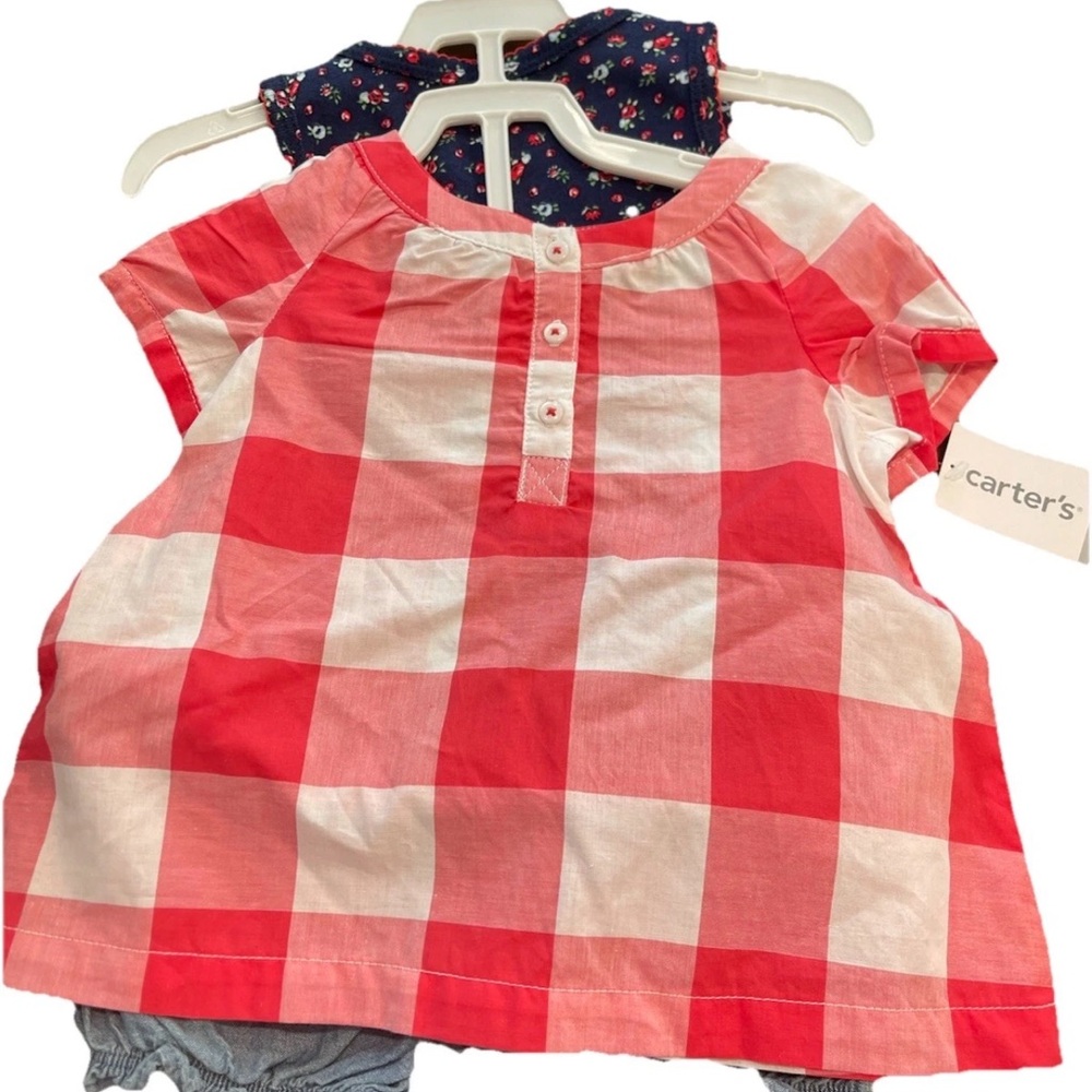 🆕Carters NWT 3 piece girls summer set-size 18 mos-red gingham shorts bodysuit